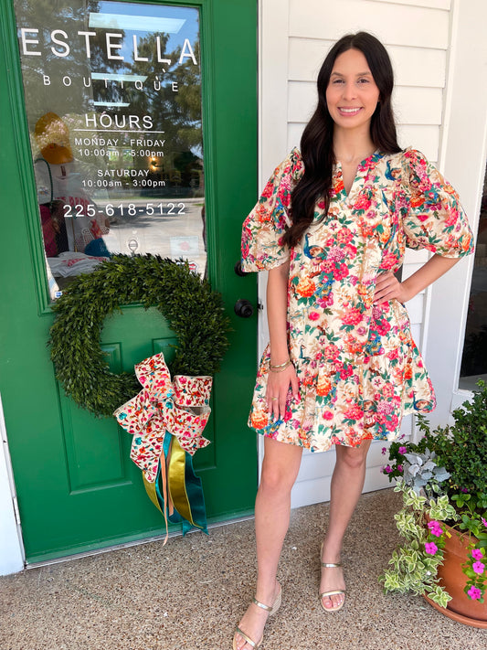 NATURAL FLORAL PRINT MINI DRESS