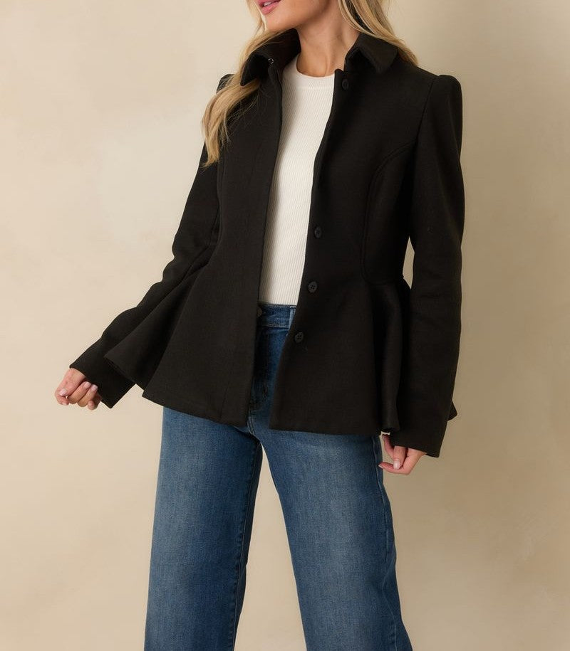 BLACK BUTTON UP PEPLUM LONG SLEEVE FIELDING RIDING JACKET