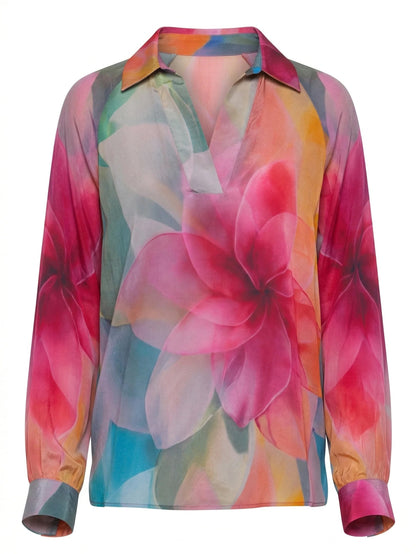 BRIGHT PINK MULTI FLORAL BLOOM PRINT HALF PLACKET LONG SLEEVE PULLOVER TOP