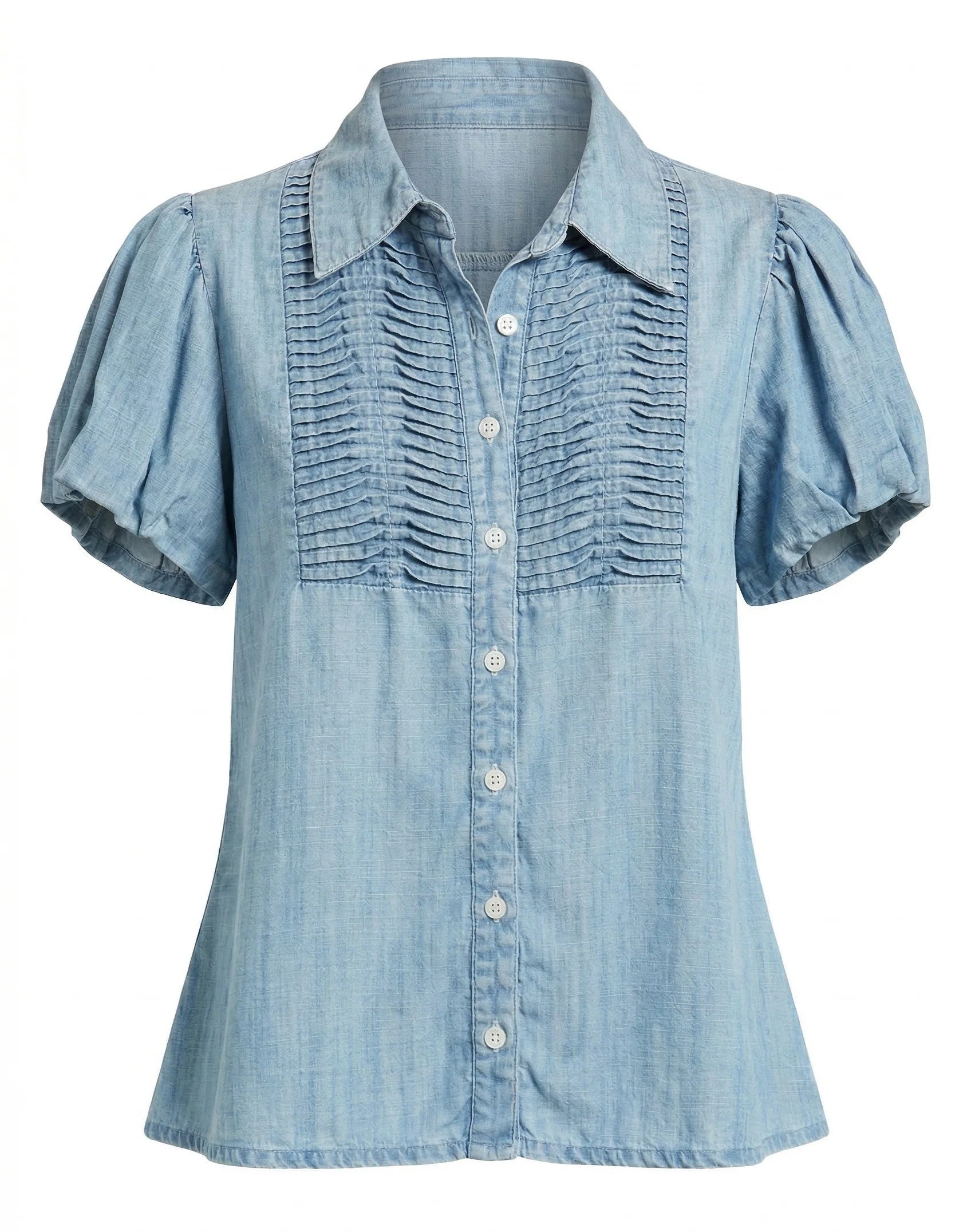 LIGHT INDIGO DENIM PINTUCK DETAIL SHORT PUFF SLEEVE TOP