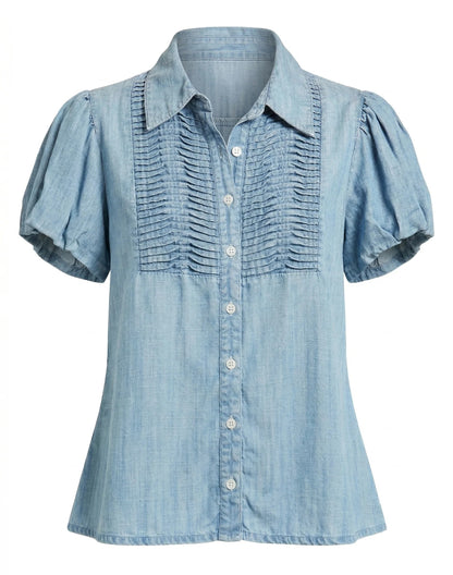 LIGHT INDIGO DENIM PINTUCK DETAIL SHORT PUFF SLEEVE TOP