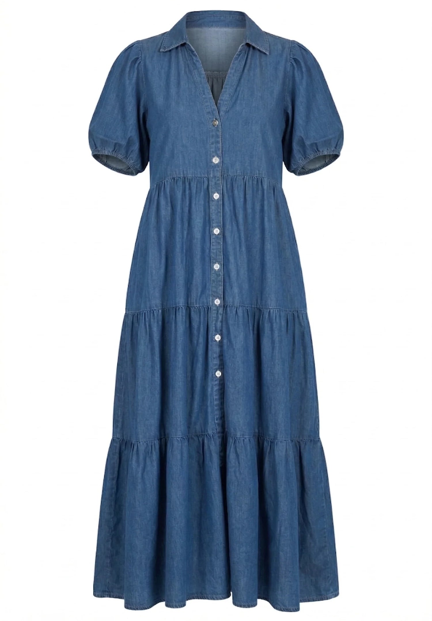 MEDIUM INDIGO DENIM SHORT PUFF SLEEVE TIERED MAXI DRESS