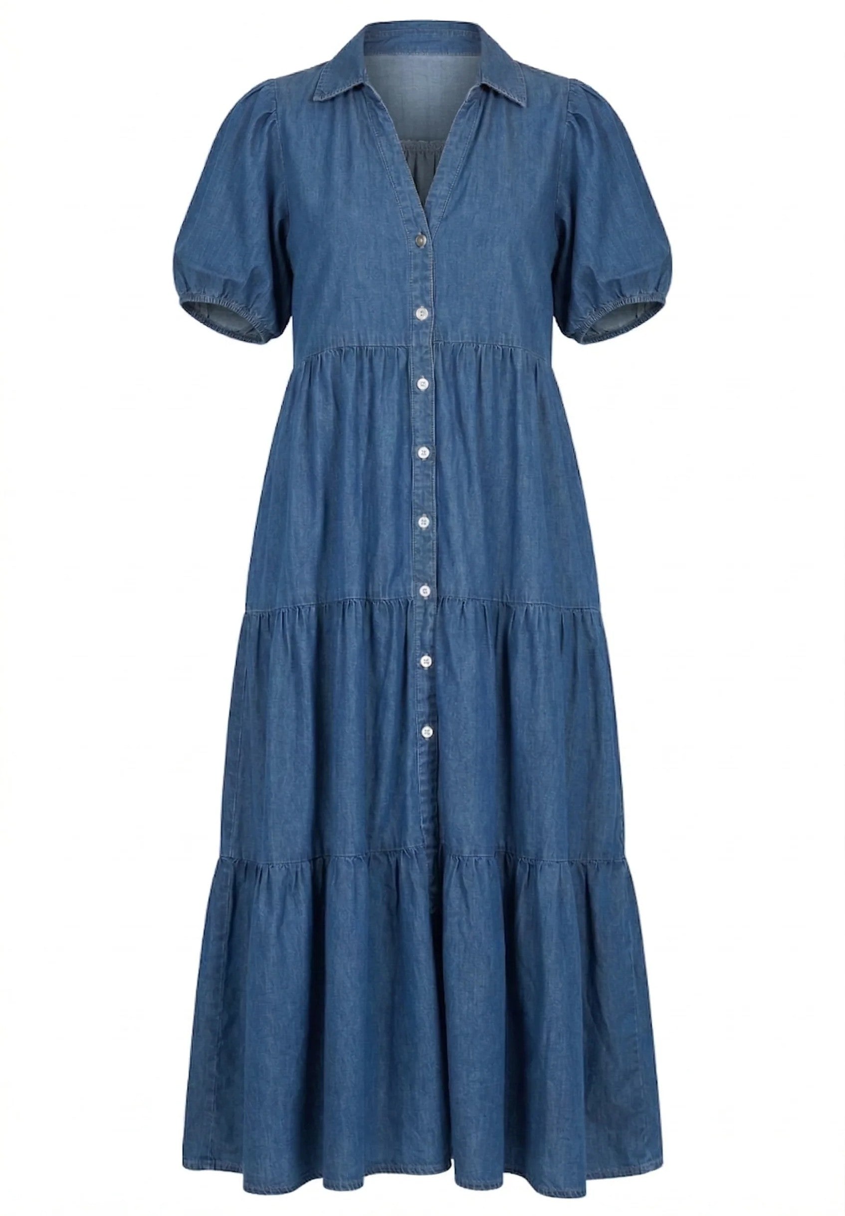 MEDIUM INDIGO DENIM SHORT PUFF SLEEVE TIERED MAXI DRESS
