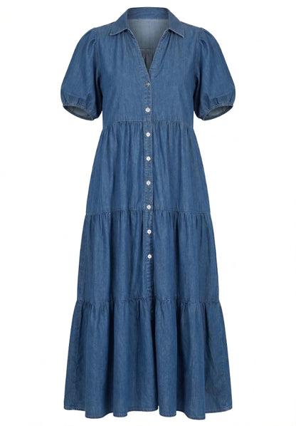 MEDIUM INDIGO DENIM SHORT PUFF SLEEVE TIERED MAXI DRESS