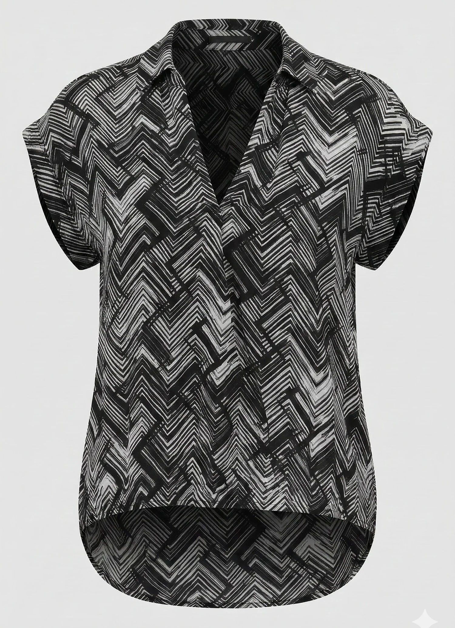BLACK/WHITE SHATTERED GRID TABBED CUFF WRAP TOP