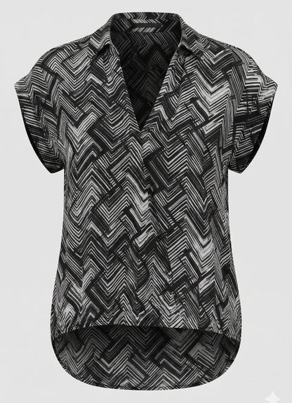 BLACK/WHITE SHATTERED GRID TABBED CUFF WRAP TOP