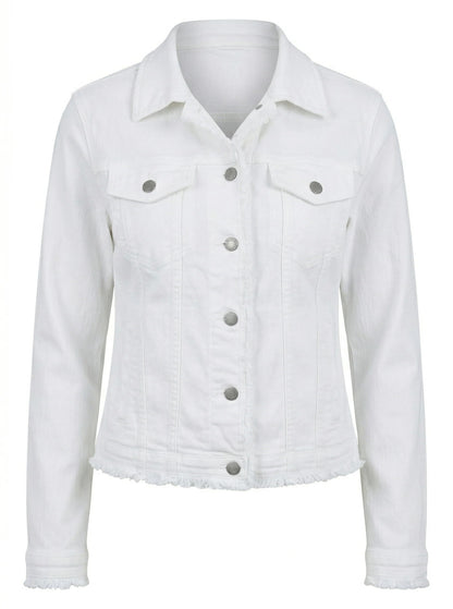 WHITE DENIM FRAYED DETAIL LONG SLEEVE JACKET