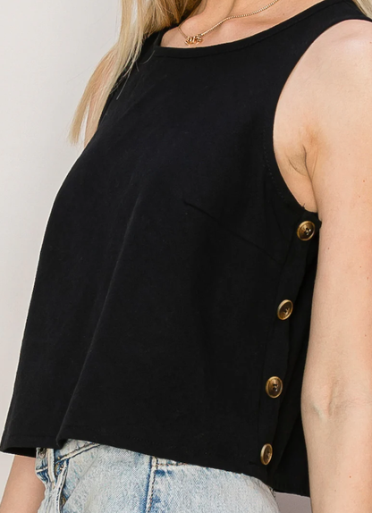 BLACK SIDE-BUTTON SLEEVELESS TOP