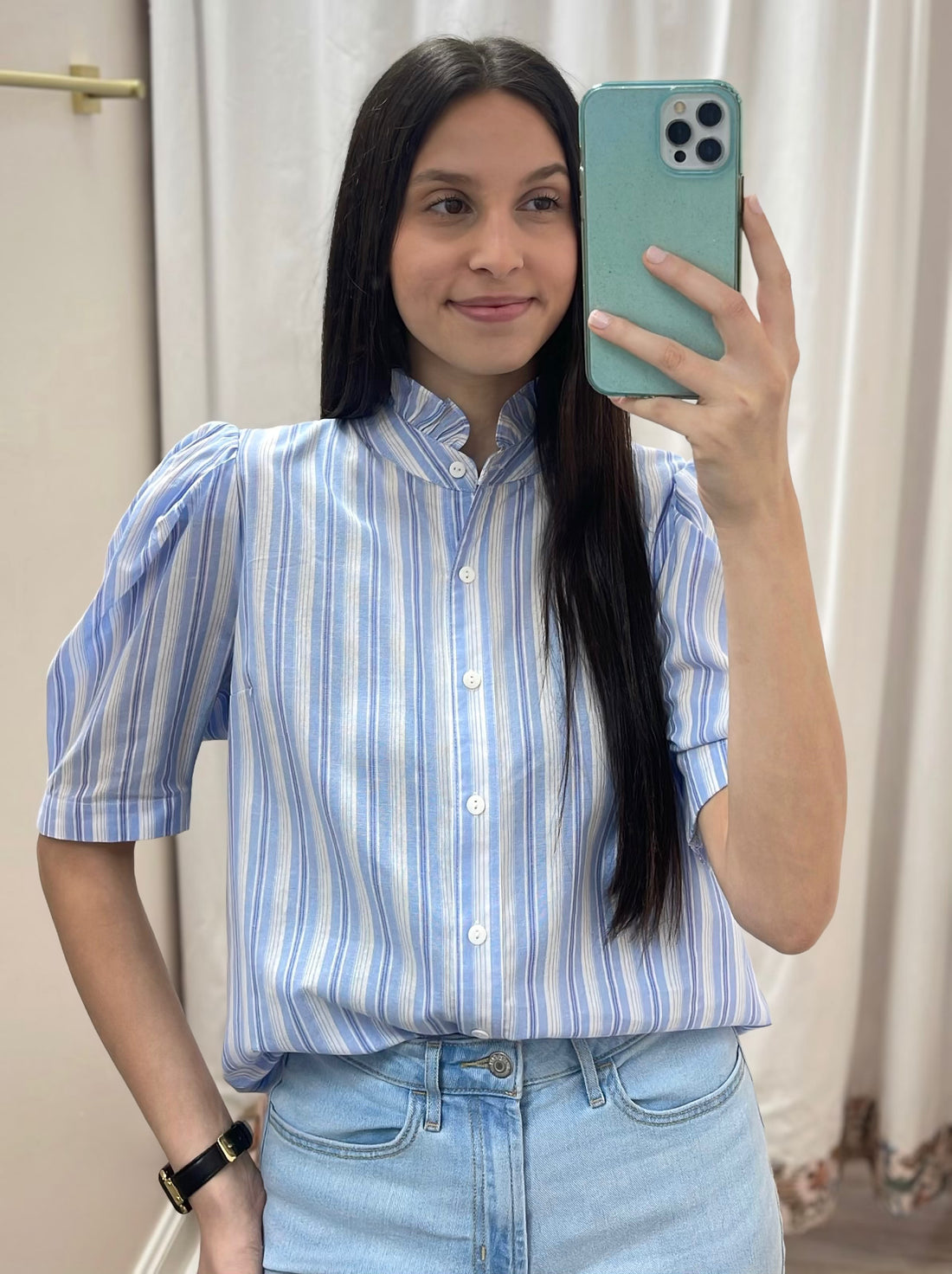 BLUE MULTI STRIPE RUFFLED NECK BUTTON UP TOP