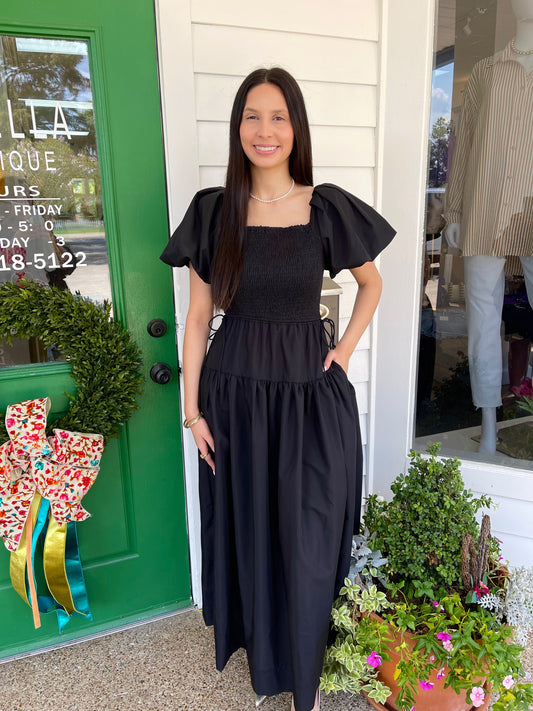 BLACK SMOCKED SQUARE NECK PUFF SLEEVE MAXI DRESS