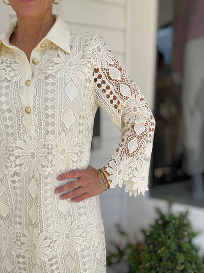 CREAM LACE DETAIL LONG SLEEVE DRESS