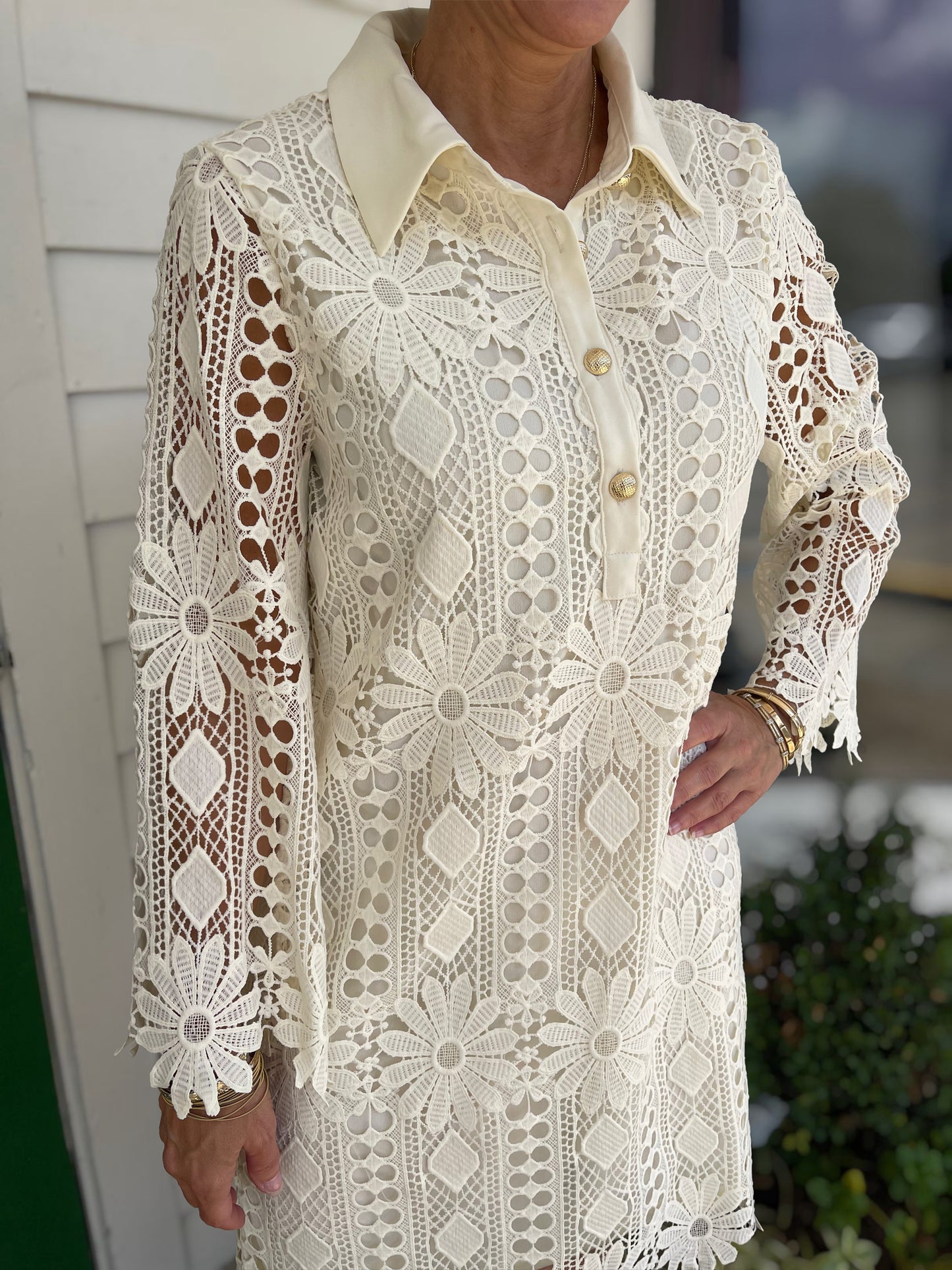 CREAM LACE DETAIL LONG SLEEVE DRESS