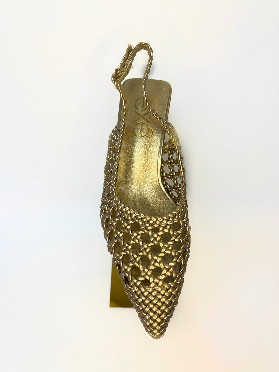 GOLD WOVEN LEATHER POINTED TOE KITTEN HEEL