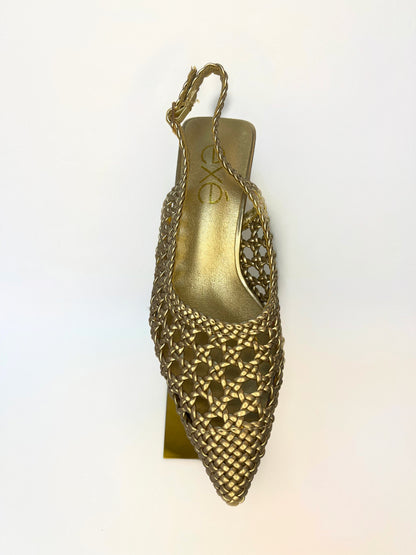 GOLD WOVEN LEATHER POINTED TOE KITTEN HEEL