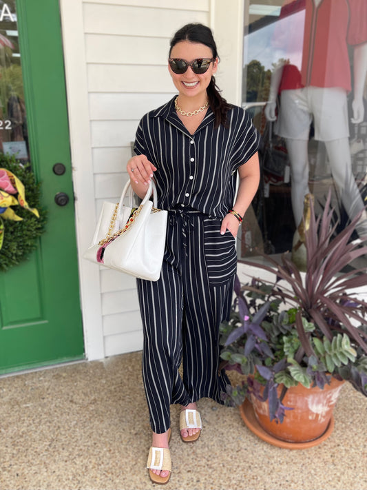 BLACK STRIPED COLETTE BUTTON UP TOP