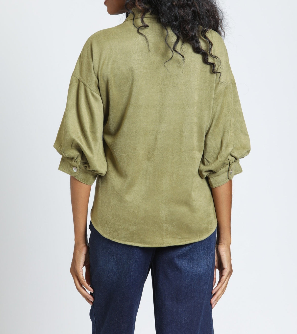 OLIVE FAUX SUEDE BLOUSON SLEEVE TOP