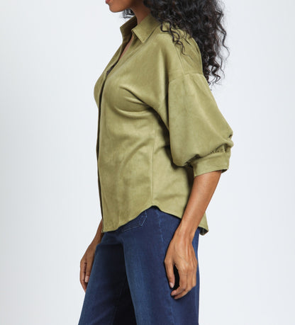 OLIVE FAUX SUEDE BLOUSON SLEEVE TOP