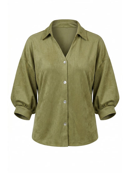 OLIVE FAUX SUEDE BLOUSON SLEEVE TOP