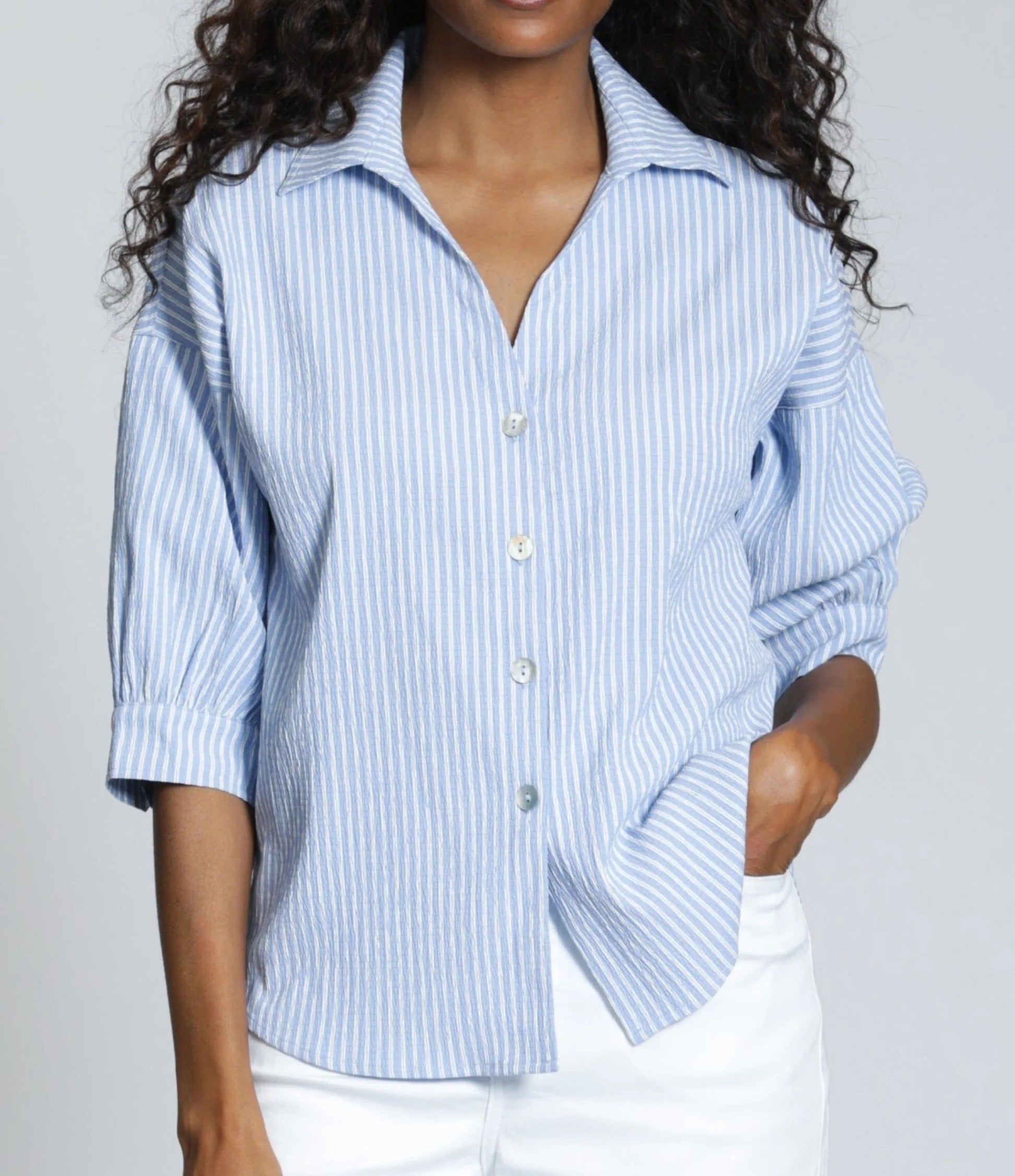 BLUE/WHITE STRIPE BLOUSON SLEEVE TOP