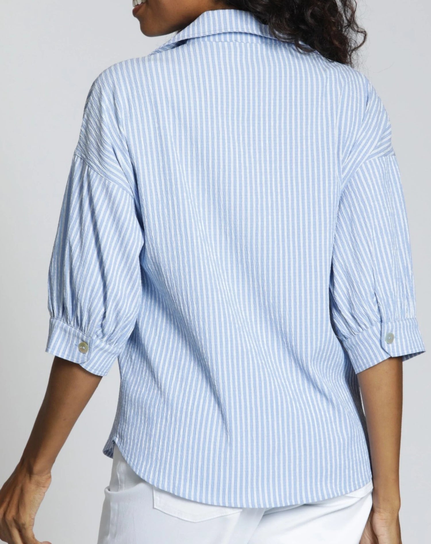 BLUE/WHITE STRIPE BLOUSON SLEEVE TOP