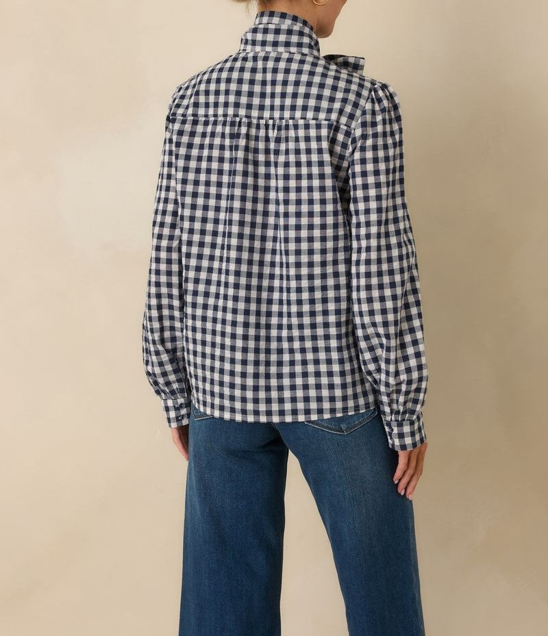 NAVY CHECK NECK TIE LONG SLEEVE BUTTON UP PARKER TOP