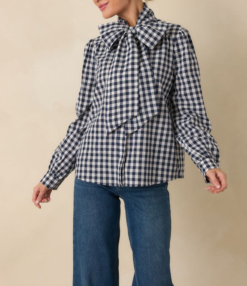 NAVY CHECK NECK TIE LONG SLEEVE BUTTON UP PARKER TOP