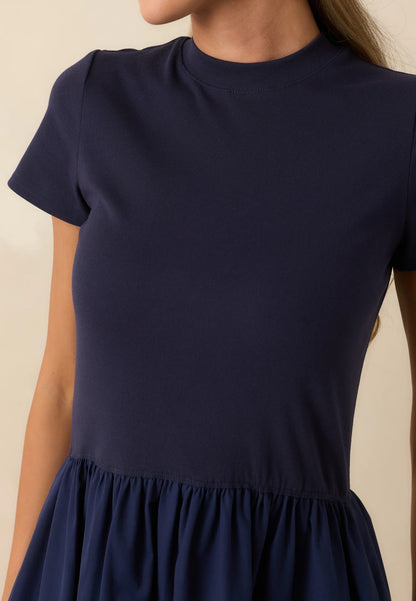 NAVY COTTON SHORT SLEEVE MIXED MEDIA ARIA MIDI DRESS