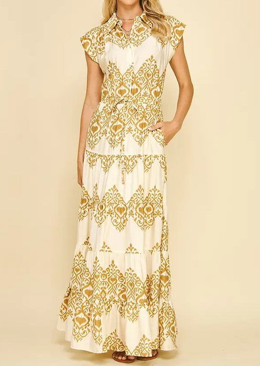 TAUPE GEOMETRIC PRINT TIERED MAXI DRESS
