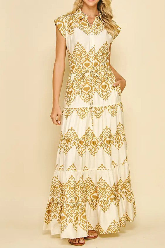 TAUPE GEOMETRIC PRINT TIERED MAXI DRESS