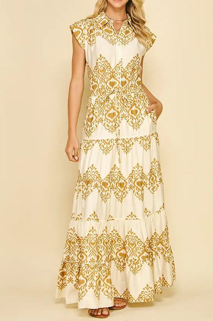 TAUPE GEOMETRIC PRINT TIERED MAXI DRESS