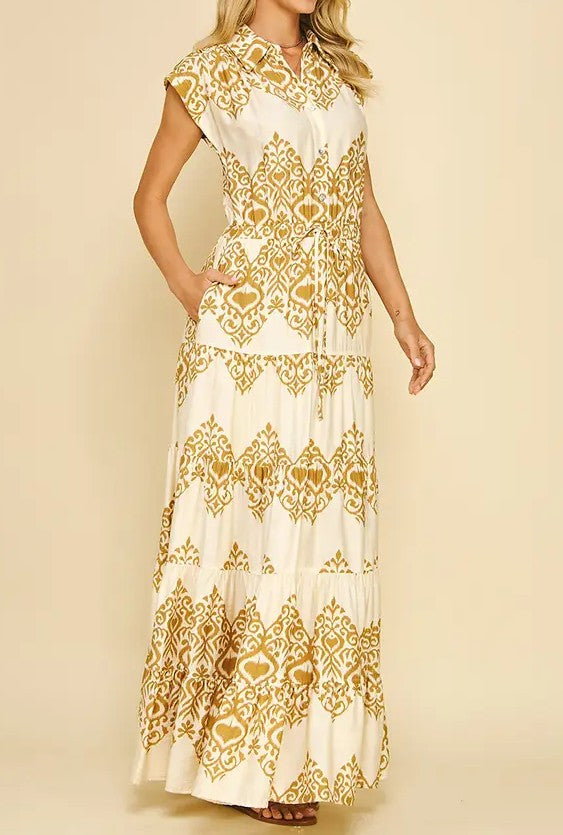 TAUPE GEOMETRIC PRINT TIERED MAXI DRESS