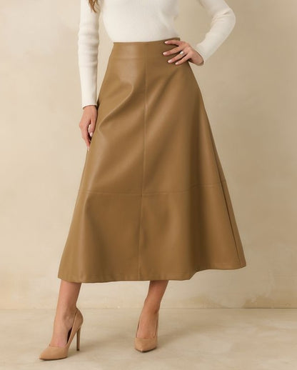 CARAMEL VEGAN LEATHER CALLAHAN MIDI SKIRT