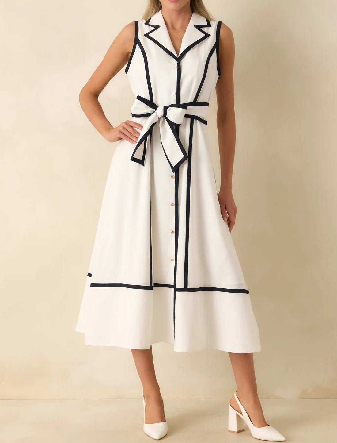WHITE/NAVY CONTRAST LINEN BLEND SIMONNE MIDI DRESS