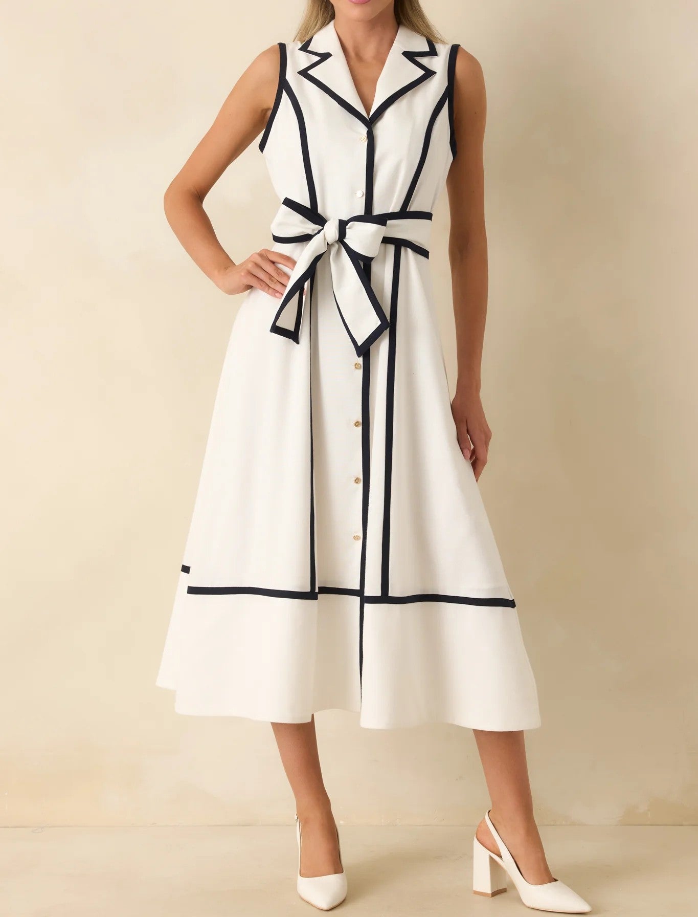WHITE/NAVY CONTRAST LINEN BLEND SIMONNE MIDI DRESS