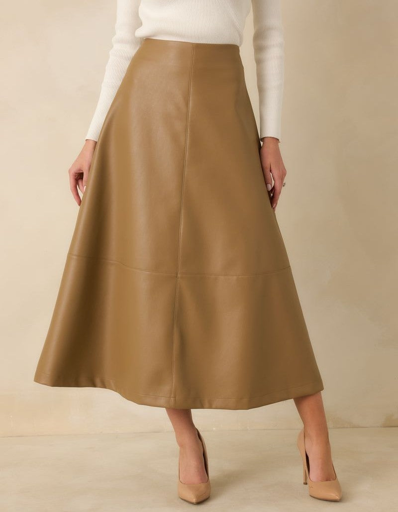 CARAMEL VEGAN LEATHER CALLAHAN MIDI SKIRT