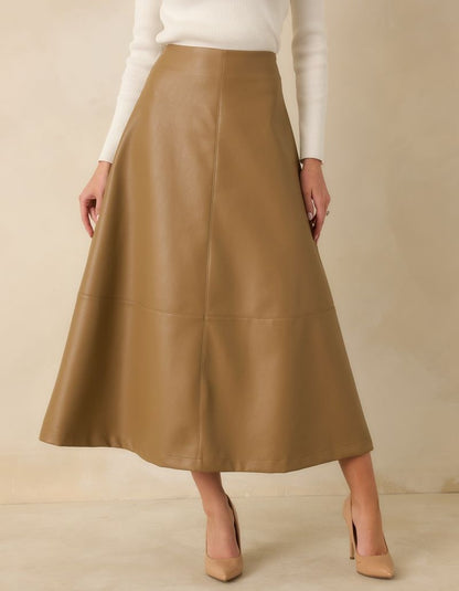 CARAMEL VEGAN LEATHER CALLAHAN MIDI SKIRT