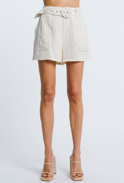 CREAM LACE TRIM BELTED MALIA SHORTS