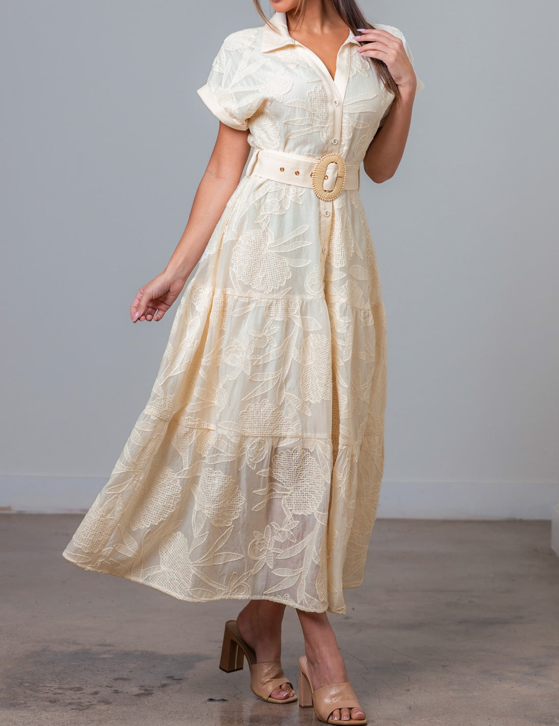 CREAM EMBROIDERED BELTED BUTTON UP SHORT SLEEVE DRESS
