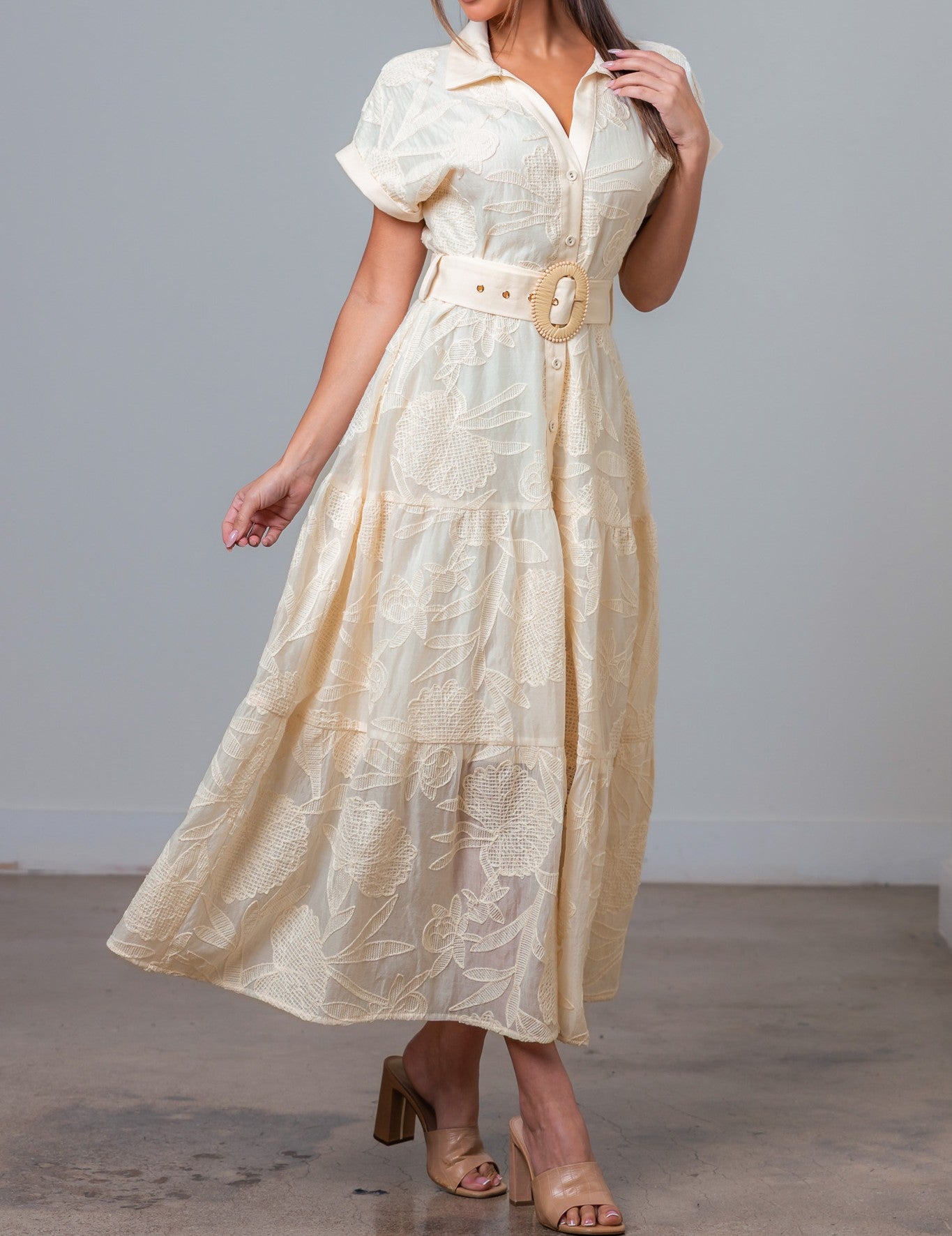 CREAM EMBROIDERED BELTED BUTTON UP SHORT SLEEVE DRESS
