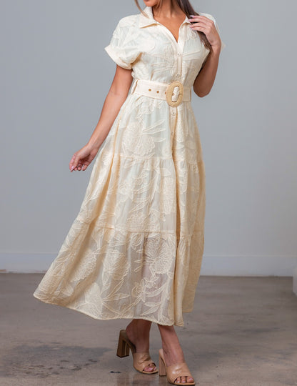 CREAM EMBROIDERED BELTED BUTTON UP SHORT SLEEVE DRESS