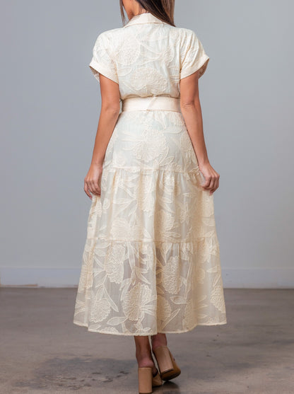 CREAM EMBROIDERED BELTED BUTTON UP SHORT SLEEVE DRESS