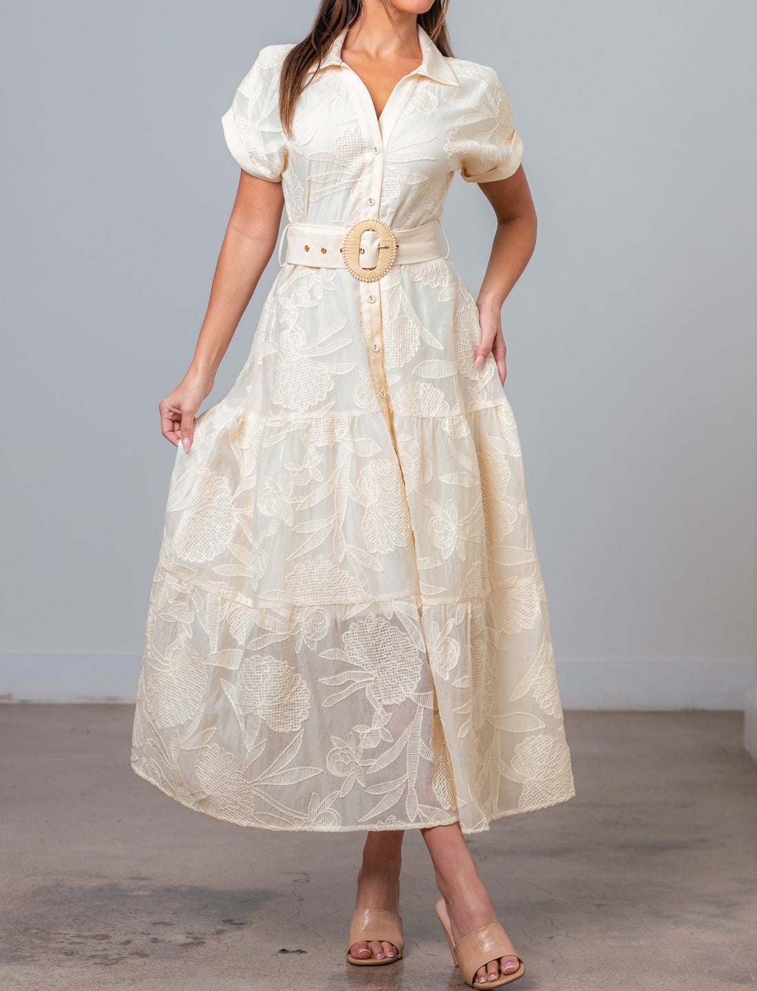 CREAM EMBROIDERED BELTED BUTTON UP SHORT SLEEVE DRESS