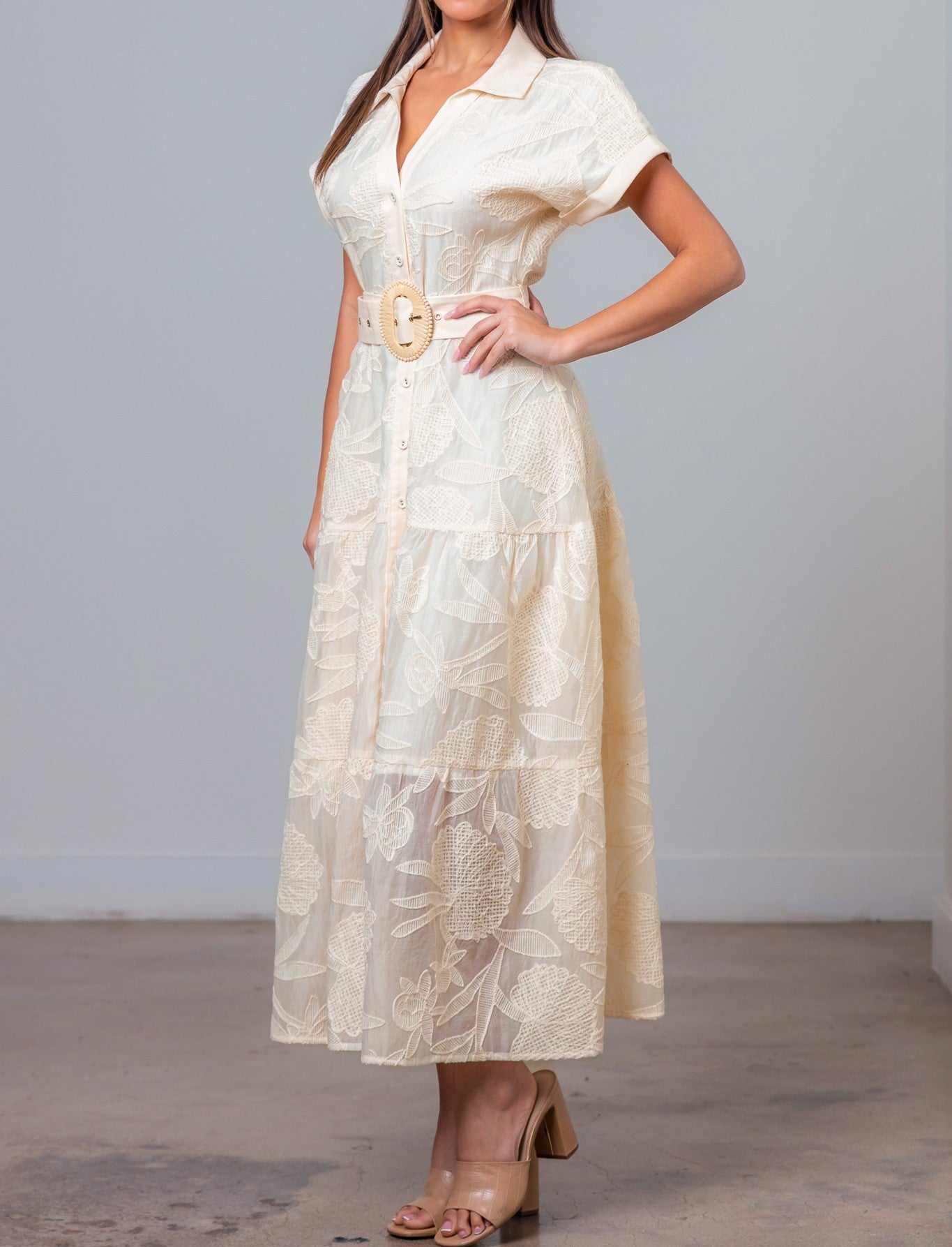 CREAM EMBROIDERED BELTED BUTTON UP SHORT SLEEVE DRESS