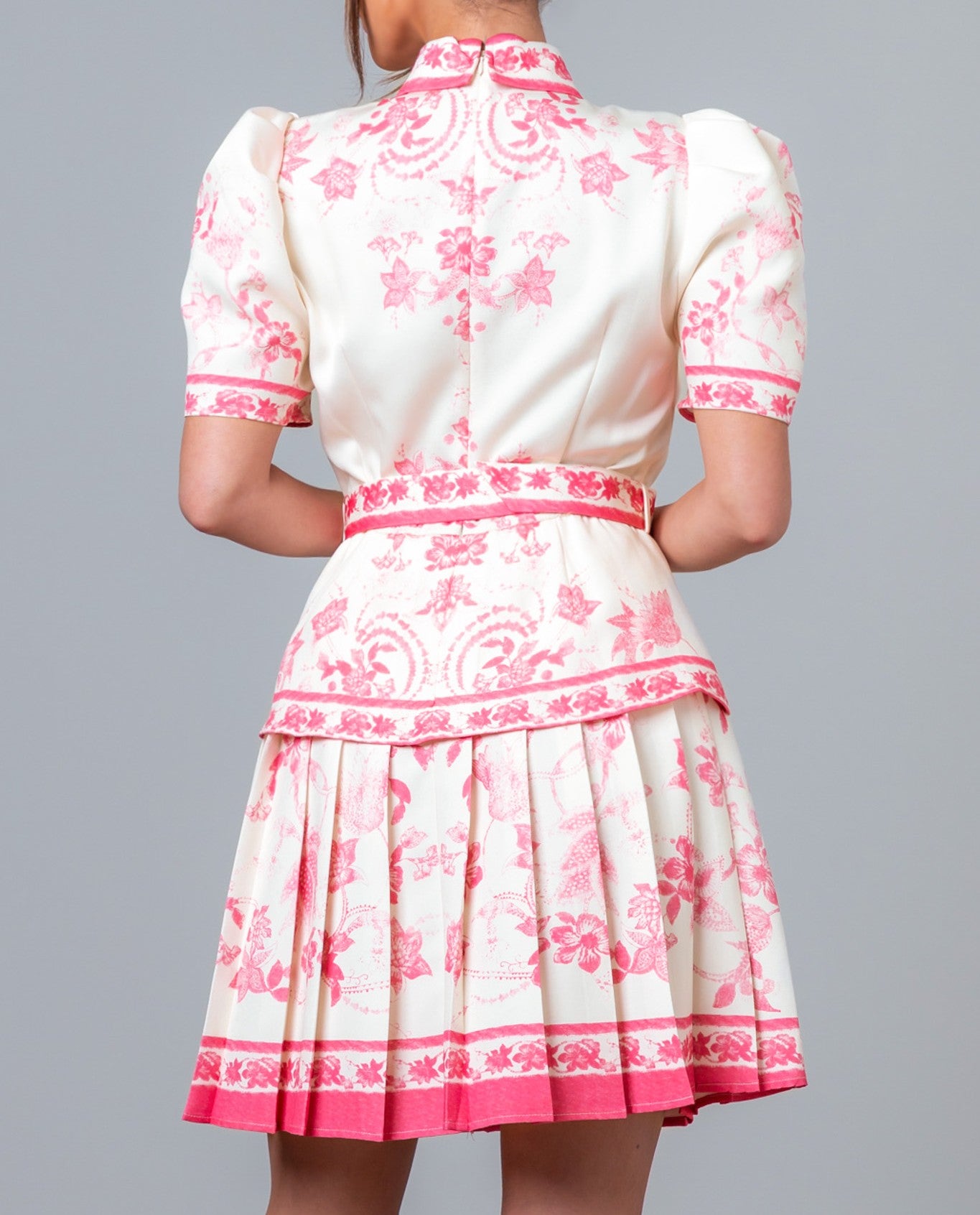 PINK MULTI FLORAL PRINT SHORT SLEEVE PLEATED BELTED MINI DRESS