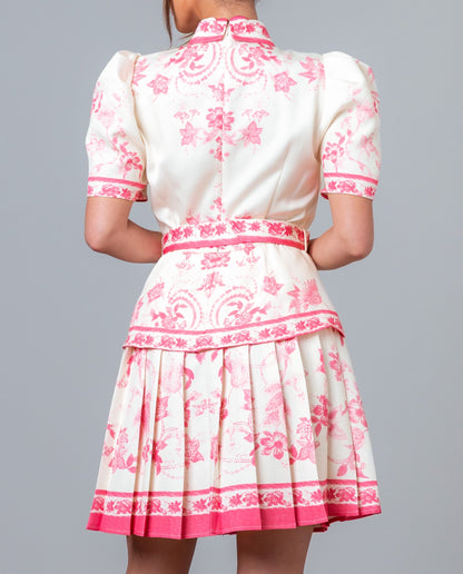 PINK MULTI FLORAL PRINT SHORT SLEEVE PLEATED BELTED MINI DRESS