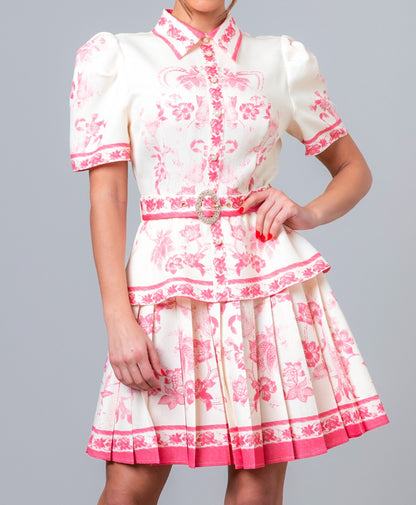 PINK MULTI FLORAL PRINT SHORT SLEEVE PLEATED BELTED MINI DRESS