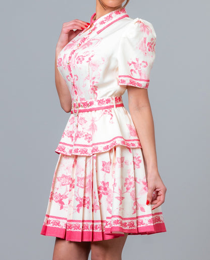 PINK MULTI FLORAL PRINT SHORT SLEEVE PLEATED BELTED MINI DRESS