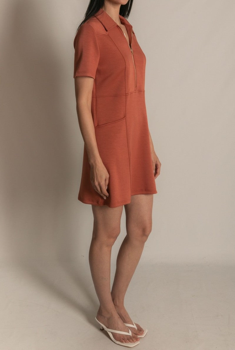 DUSTY ROSE PCILL BUTTER MODAL QUARTER ZIP SHORT SLEEVE MINI DRESS