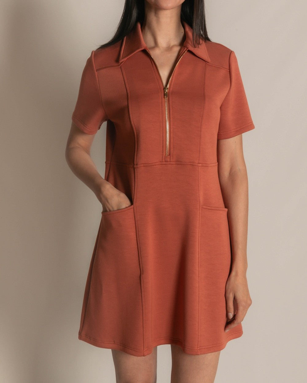 DUSTY ROSE PCILL BUTTER MODAL QUARTER ZIP SHORT SLEEVE MINI DRESS