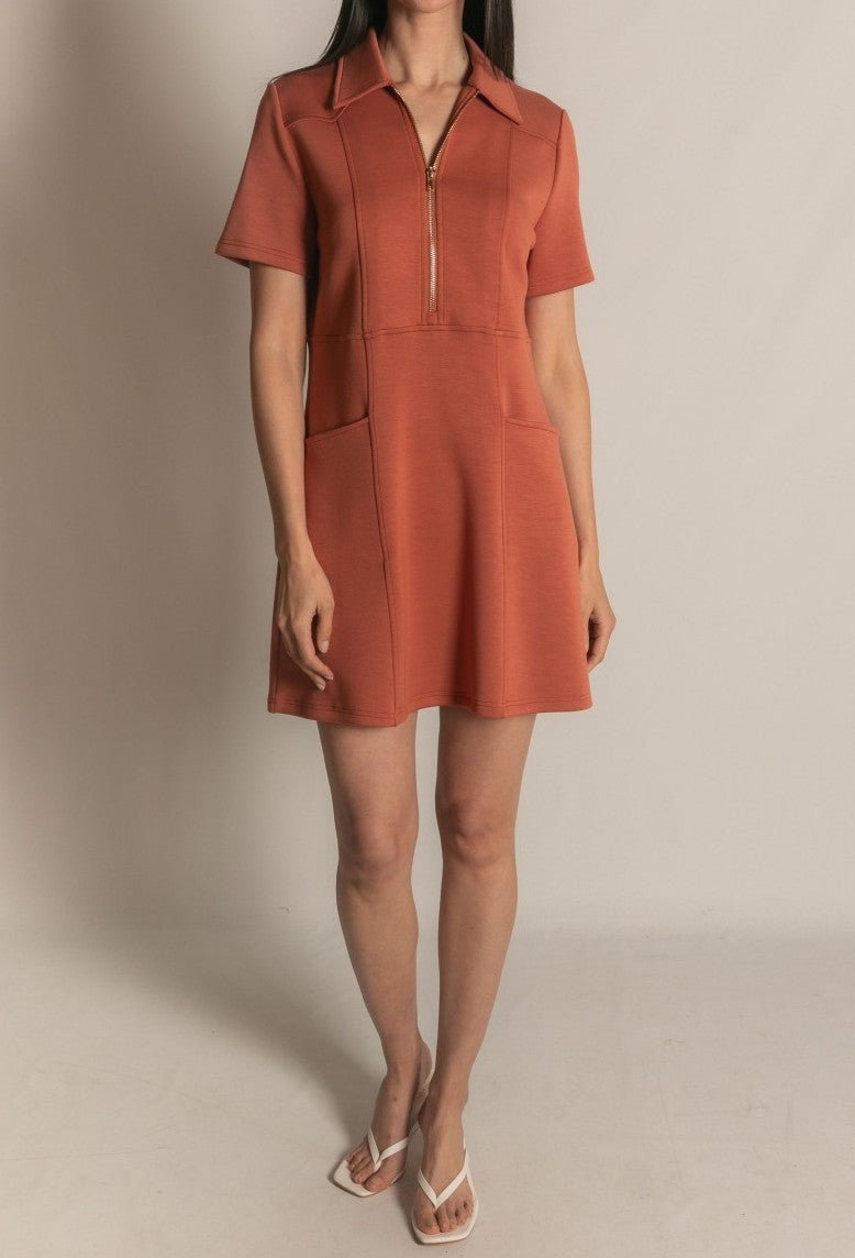 DUSTY ROSE PCILL BUTTER MODAL QUARTER ZIP SHORT SLEEVE MINI DRESS